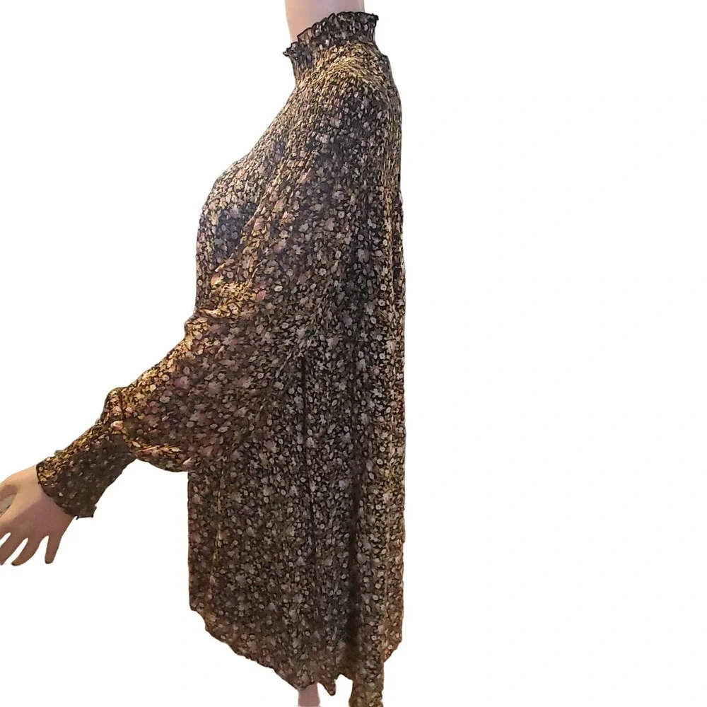 & Other Stories Sz 0 Sheer Smocked Mock Neck Lined Floral Print Mini Dress